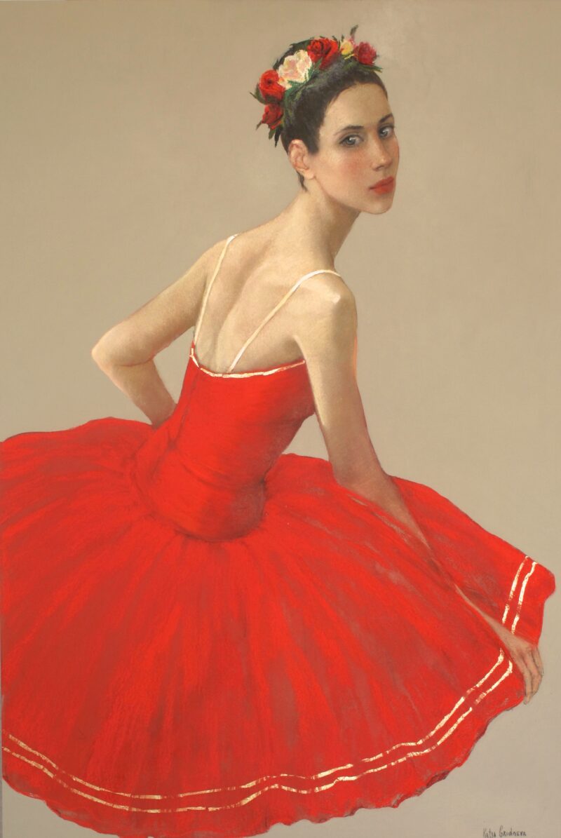 Debut in Carmine 24’x36′ Pastel on Board
